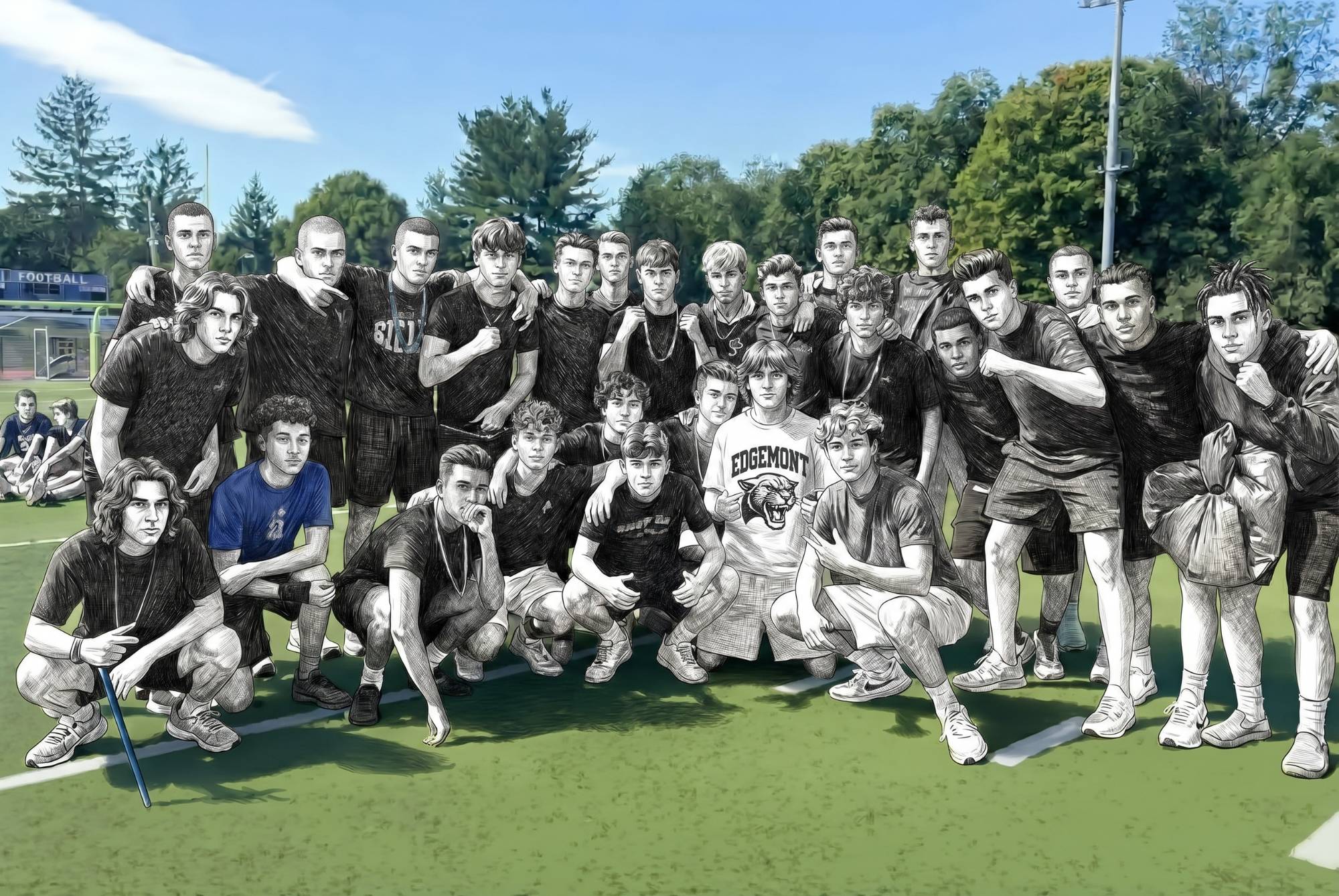 Illustrated version of a Homecoming 2026 group photo of Edgemont students on the turf field, with the wooded hillside in the background. The photo was redrawn to protect student privacy.